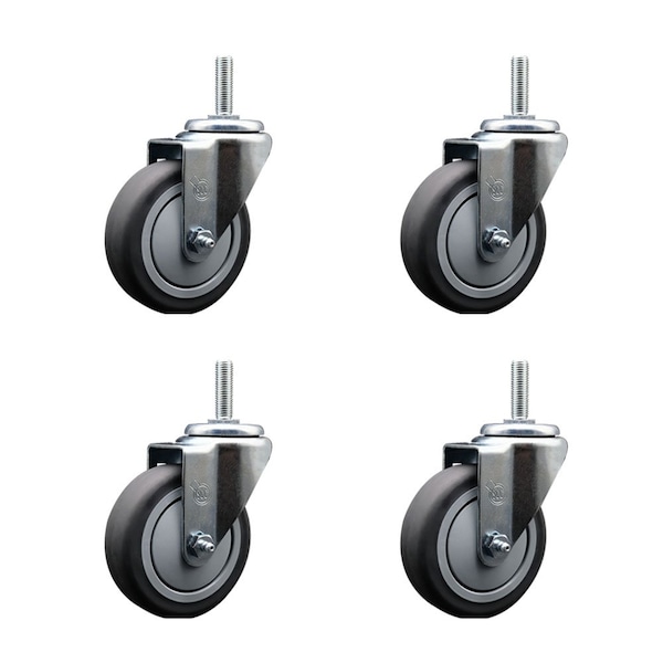 4 Inch Thermoplastic  Rubber Wheel Swivel 58 Inch Threaded Stem Caster Set Service Caster